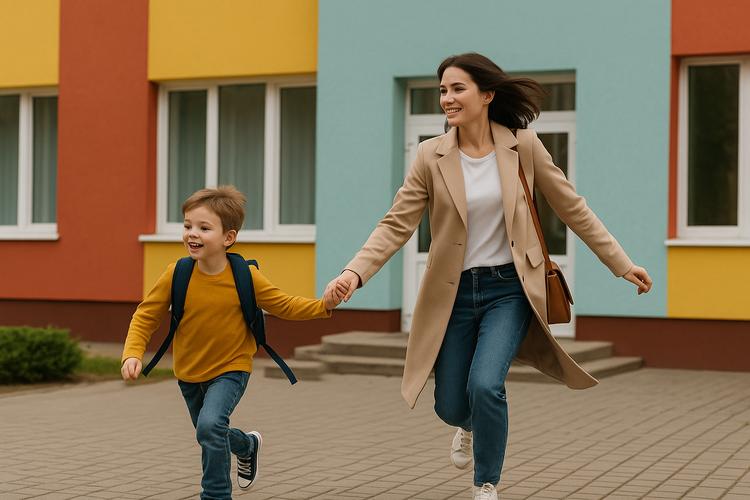 мама и сын опаздывают в детский сад