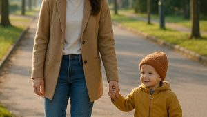 мама и ребенок идут в детский сад