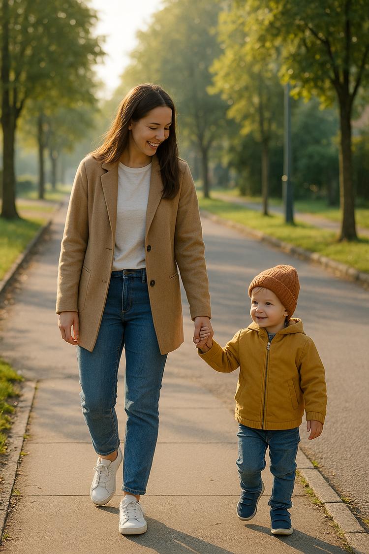 мама и ребенок идут в детский сад