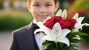 мальчик с букетом цветов