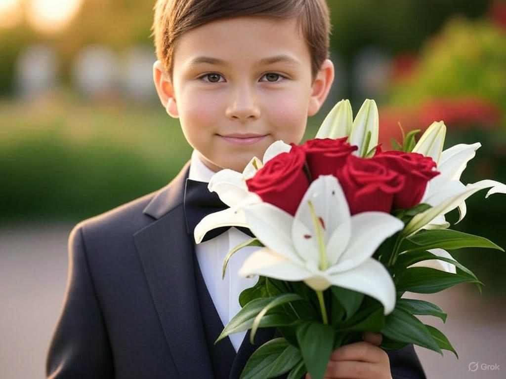 мальчик с букетом цветов
