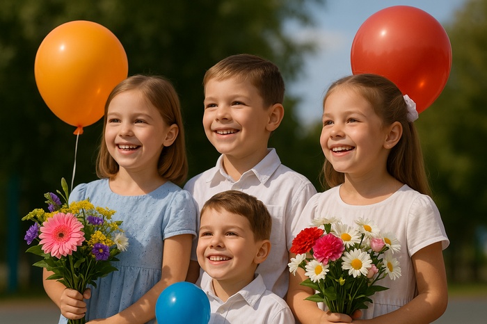 дети с цветами и шарами на выпускном