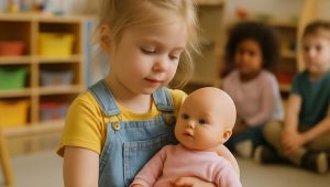 девочка играет с куклой в детском саду