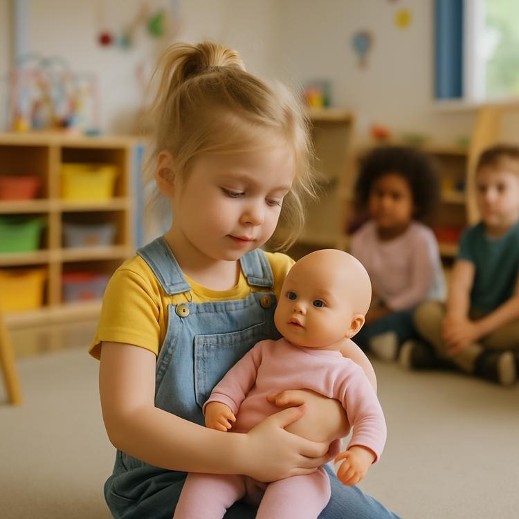 девочка играет с куклой в детском саду