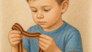 Ребенок рассматривает георгиевскую ленточку