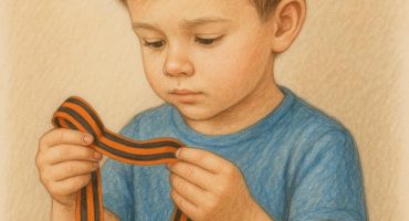 Ребенок рассматривает георгиевскую ленточку