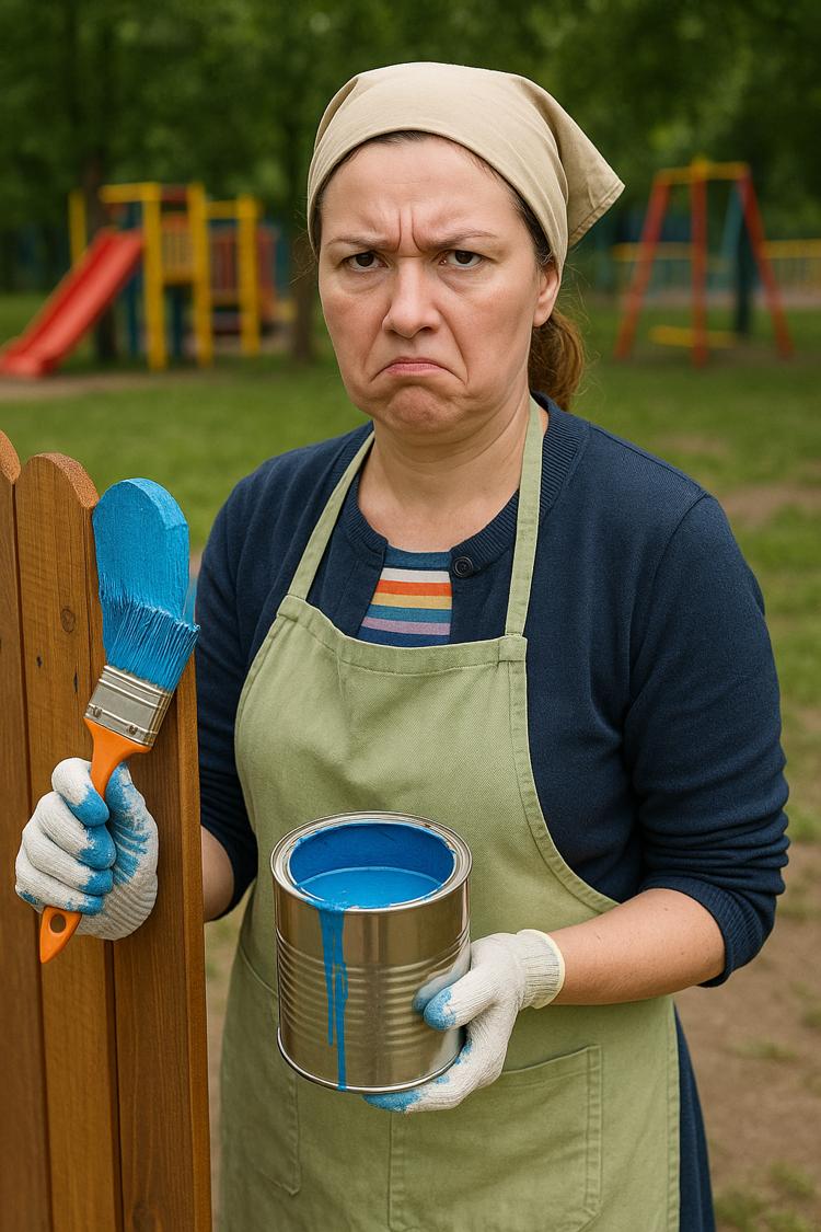 воспитатель красит забор