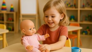 ребенок играет куклой в детском саду