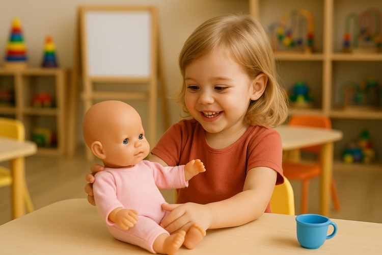ребенок играет куклой в детском саду