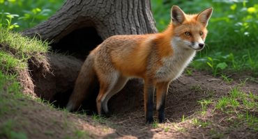 лиса в лесу у своей норы