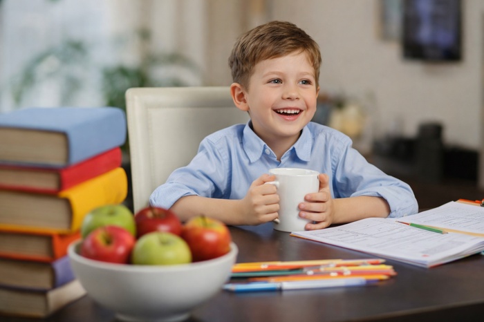 мальчик за столом утром