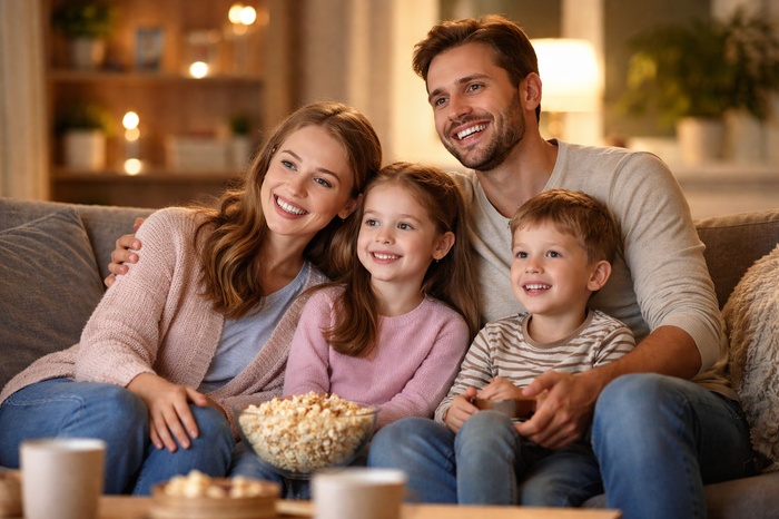 семья у телевизора 