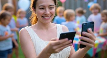 женщина снимает детский праздник