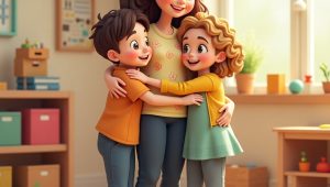 дети обнимают педагога