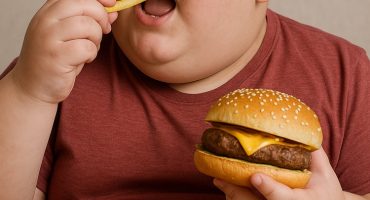 толстый мальчик ест фаст фуд