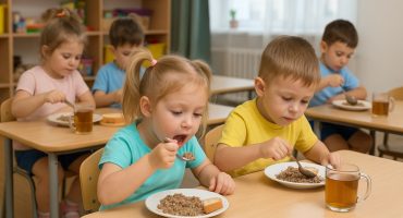 дети едят в детском саду