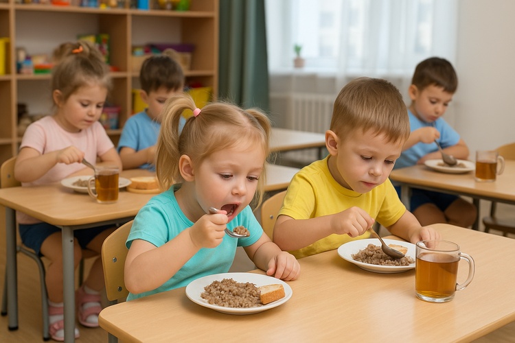 дети едят в детском саду